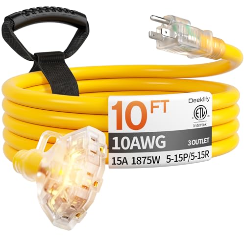 Deeklify 10 ft 10 Gauge Heavy Duty 3 Outlet Extension Cord Splitter with Indicator Waterproof Outdoor Extension Cord with Multiple Outlets 15A 1875W for Workshop ETL Listed Flexible Yellow SJTW