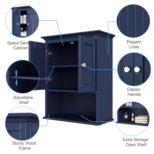 Image of Treocho Wood Wall Cabinet, Bathroom Medicine Cabinet Storage with Doors and Adjustable Shelf, Rustic Cabinet Wall Mounted for Bathroom, Living Room, Kitchen, Blue