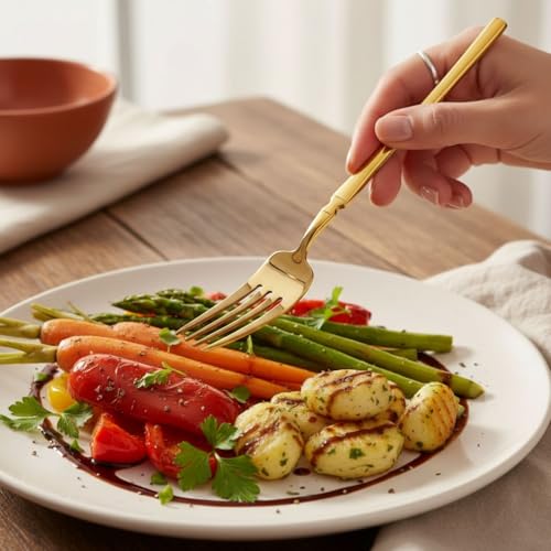 Image of 4 Pcs Gold Slim Handle Stainless Steel Cutlery Set for Dining Table with Spoon and Fork Set & Butterknife - The Perfect Tableware /Flatware