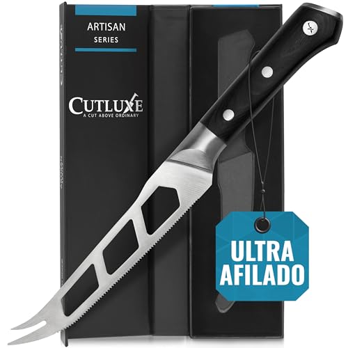 Cutluxe Cuchillo Queso 13 cm para Quesos Blandos y Duros – Hoja Dentada, Punta Tenedor y Antiadherente – Acero Alemán Alto Carbono – Mango Ergonómico – Serie Artesanal