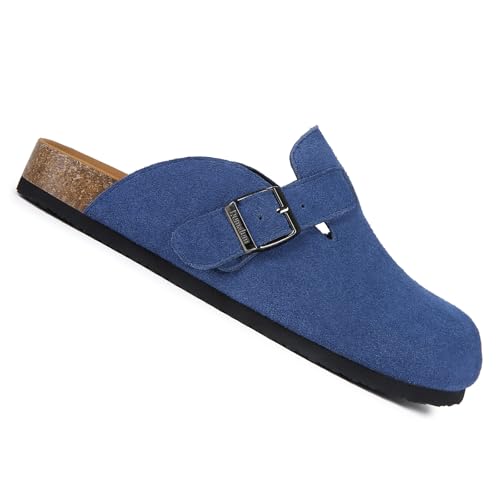 Dumalum Clogs for Women Mens Suede Leather Slip on Shoes Cork Footbed Mules Sandals with Arch Support Unisex Slippers Navy Blue — view 6