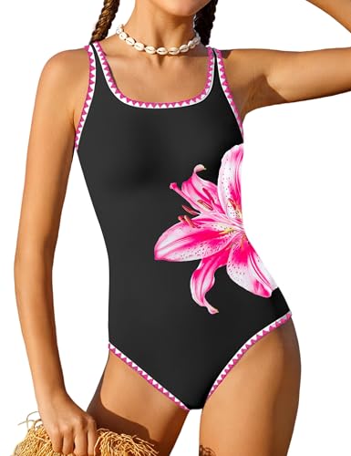 Image of Qaoerde Girls Swimsuit One Piece Swimsuits Solid Color Bathing Suit Colorful Contrast Trim Adjustable Straps Swimwear 9-16Y