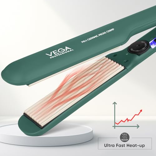Image of VEGA PROFESSIONAL Pro Ceramic Micro Crimp Hair Crimper with Ultra Fast Heatup, 5 Temperature Settings, 60 Min Auto Switch Off for Salon, Professional Hair Crimper, Green (VPPMS-11)