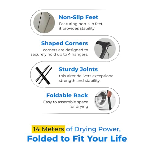 ZOPPER 3 Tier Folding Clothes Airer 14m Space For Laundry, Indoor And Outdoor | Non-Slip Feet & Corner Spaces for Hangers | Home Storage - Foldable Drying Rack, Lightweight, Space Saving Washing Line - Image 3