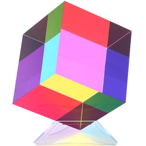 iKeelo Color Cube (80mm) with Stand - Mega Cube in Cyan, Magenta and Yellow - Mesmerizing Acrylic Prism for Desk Decor, A Fun Conversation Starter