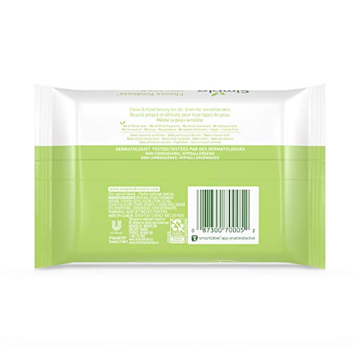 Simple Cleansing Wipes Face Wipes for Removing Makeup Kind to Skin Removes Waterproof Mascara, White, Fragnance Free, 25 Count, Pack of 6 - Thumbnail 2