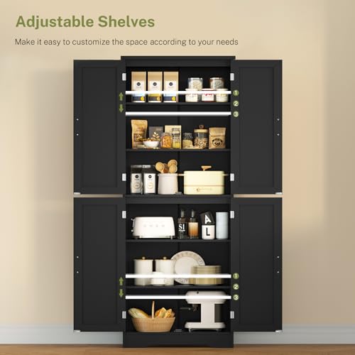 Image of TEENFON 67 inch Storage Cabinet, Kitchen Pantry Cabinet with 4 Doors and 2 Adjustable Shelves, Cupboard, Tall Bathroom Cabinets for Living Room, Kitchen, Bathroom, Black