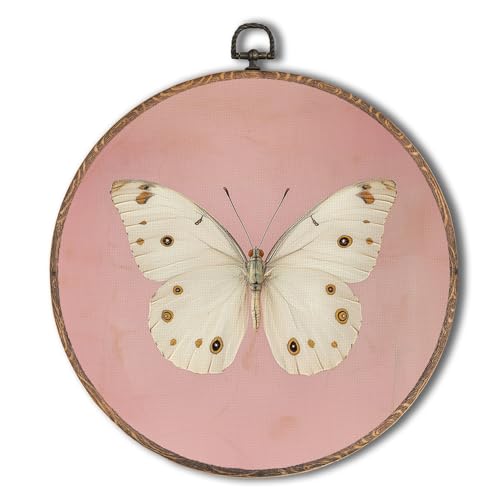 Tzhim Arte de pared redondo de mariposa vintage rosa, decoración de pared redonda de mariposa de humor neutro, esculturas de pared de lienzo retro para decoración del hogar, dormitorio, sala de estar
