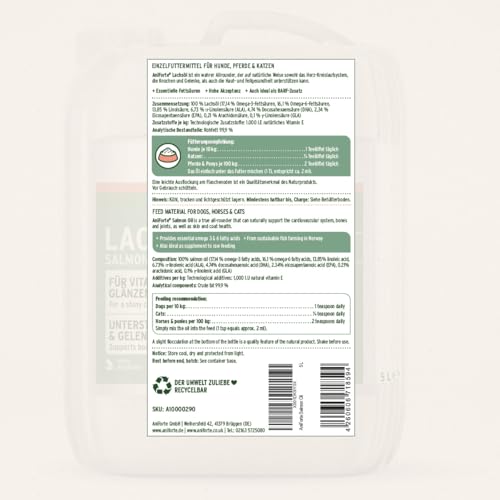 AniForte Lachsöl für Hunde & Pferde 5 Liter - Premium Natur Fischöl aus Norwegen reich an Omega 3 & 6, Futter Ergänzung, Barf Öl für Hunde ohne Zusätze, frisch abgefüllt in Deutschland