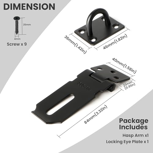 Alise Door Lock Hasp Latch,3 Inch SUS 304 Stainless Steel Safety Packlock Clasp Hasp Lock Latch with Fixing Screw for External Doors Window Cabinet Pet Cage, Black,MS9B-3C - Thumbnail 2