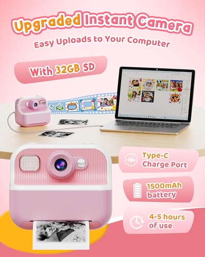 DUDUDRAGON Kids Instant Print Camera w/ Dual Selfie Lens, 1080P Video, 32GB SD Card & 3-Roll Print Paper (Pink) (Blue) - image 7