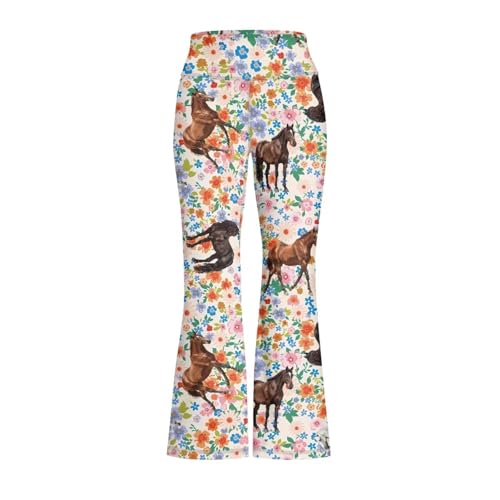 Yzaoxia Horse Yoga Leggings for Girls Bell Bottom Pants Size 7-8 Daisy High Waisted Flare Legging Bootcut Pant for Kids Boho Floral Stretchy Activewear Tight Sport Clothing Workout Running Outfits