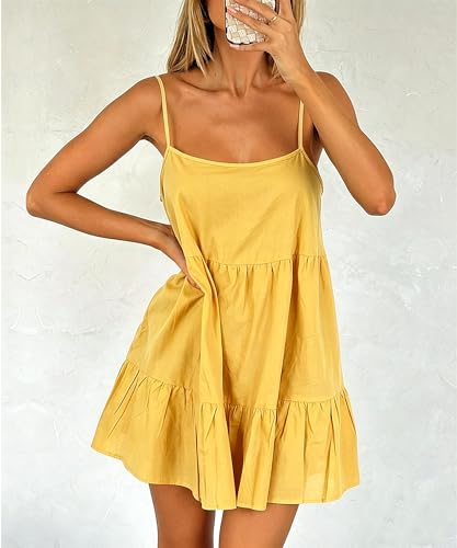 Image of Babydoll Dress for Women Spaghetti Strap Swing Dresses Sleeveless Short Flowy Dress Summer Loose Sundress