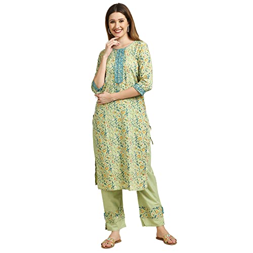 Image of anubhutee Women's Cotton Green Floral Printed Straight Kurta Suit Set With Pants