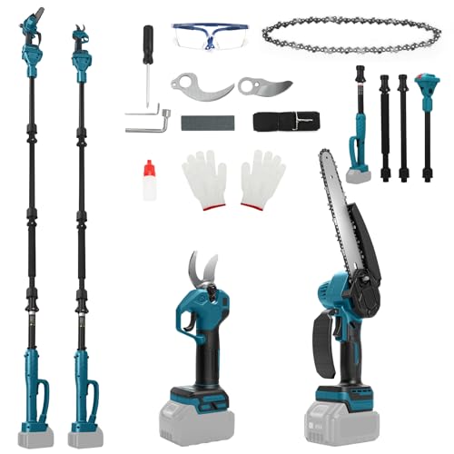 4-in-1 Cordless 8-inch Mini Chainsaw & Pruning Shears Compatible with Makita 18V Battery (No Battery), Pole Chainsaw with 2m Extension Pole and Spare Chain, 30mm Electric Shears with Spare Blade