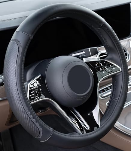 Magnelex Microfiber Leather Steering Wheel Cover Black. Heat Resistant Anti-Slip Car Wheel Wrap - Compatible with Most Makes and Models of Cars and Trucks with 14.5 to 15 Inch Steering Wheels