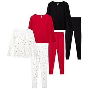 Sweet Hearts Girls’ Thermal Underwear Set – 6 Piece Waffle Knit Top and Long Johns Base Layer Set (2T-16), Size 10/12, Ivory Flower/Black/Red