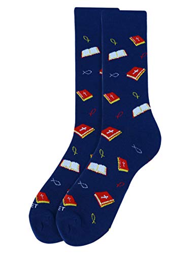 Men's Bibles and Cross & Fish Symbols Novelty Crew Dress Socks (Blue) - Main Image