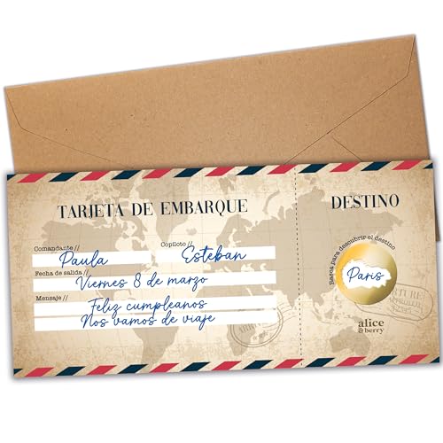 Rasca y gana viaje sorpresa - Tarjeta de embarque personalizada para regalar - Billete de avión anunciando regalo de cumpleaños - Lengua española - Modelo vintage (1 tarjeta)
