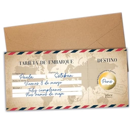 Rasca y gana viaje sorpresa - Tarjeta de embarque personalizada para regalar - Billete de avión anunciando regalo de cumpleaños - Lengua española - Modelo vintage (1 tarjeta)