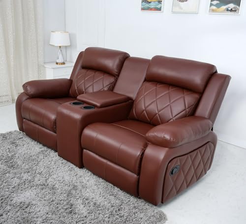 Image of Solis Royale Leatherette Manual 2 Seater Recliner Sofa Chair | Center Console and Cup Holder | Comfortable Lounge Sofa Chair for Living Room, Bedroom, Office, Home (RELAXYARD-Brown)