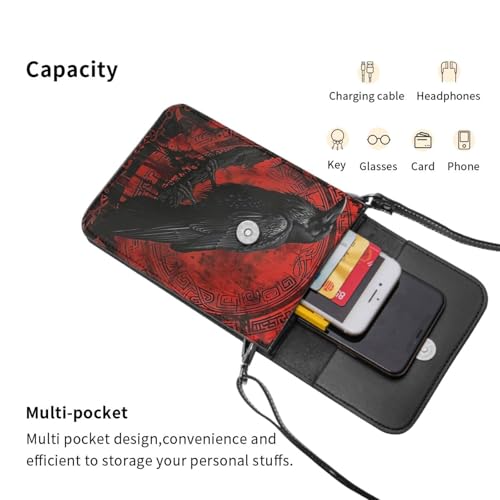 Black Raven Pirate Runes Viking Nordic Mythology Red Crossbody Cell Phone Purse For Women Teen Girls Leather Small Crossbody Bag Mini Phone Pouch Purse, 7.5x5.3 Inches4