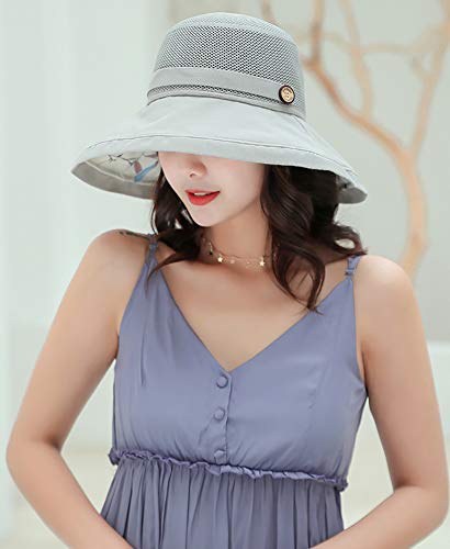Summer Mesh Sun Hats for Women Lightweight Beach Hat Floral UPF50+ Packable Wide Brim Bucket Hat with Chin Strap Grey