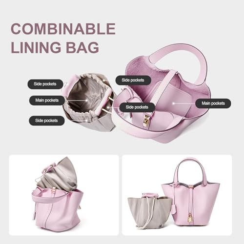 Genuine Leather Lock Design Bucket Bag Vegetable Basket for Women, Ladies' Versatile Shoulder Handbag3