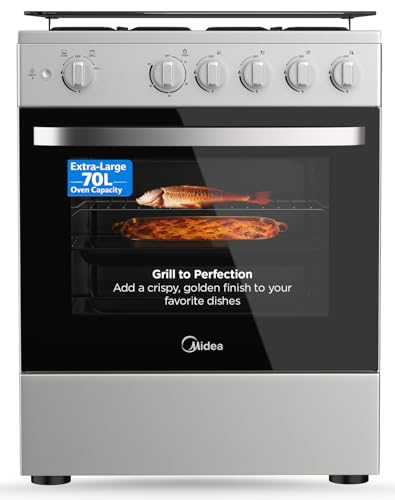 Midea 60x60cm Free Standing Gas Cooker with Oven & Grill 4 Gas Burners Auto Ignition Mechanical Control Enamel Baking Tray & Grill Rack MFO-MG24TE(OL)