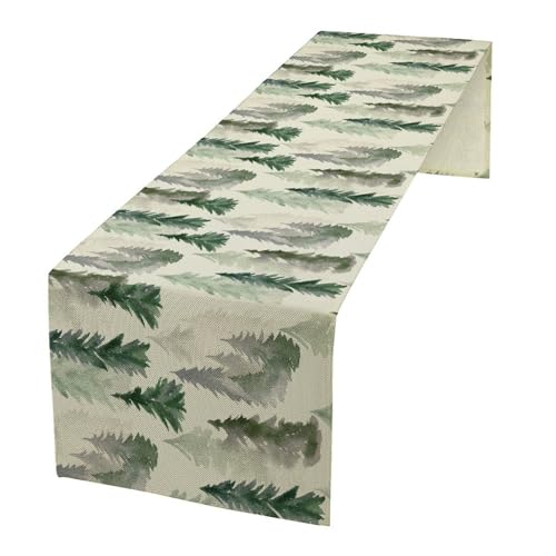 Image of Green Forest Tree Table Runner Watercolor Fantasy Magical Woodland Landscape Nature Botancial for Tabletop Party Holiday 13x90 inch