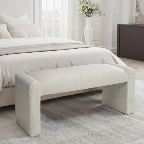 47" End of Bed Bench, Modern Fabric Upholstered Entryway Bench, Footrest Stool Accent Bench with Solid Wood Frame for Bedroom Living Room, White