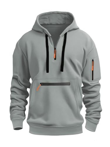 JFAN Sudadera con Capucha para Hombres Basic Sudadera con Media Cremallera y Bolsillo Delantero Casual Sudadera con Manga Larga,Gris Claro,XXL