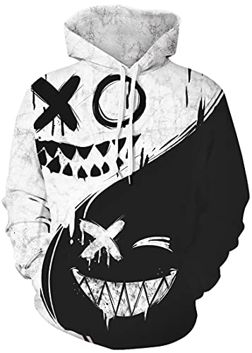 PADOLA Hombre Sudaderas con Capucha Impresión 3D Hoodie con Bolsillo Motivo navideño de Halloween Manga Larga Streetwear Causal (S, 0 Negro Blanco)