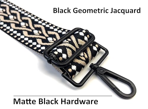 Image of Black Geometric Jacquard Purse Strap with Matte Black Hardware 2 Inch Wide Replacement Crossbody Guitar Style Adjustable Shoulder Strap for Handbags Totes