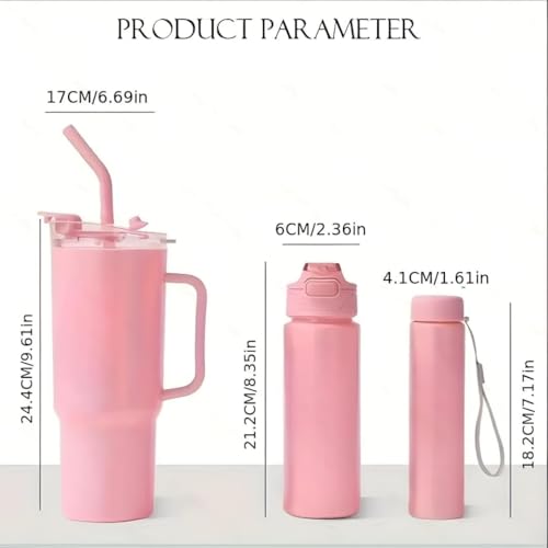 Image of Large Handle Water Bottle with Straw for Desk, Office, Travel - 1200 /900 /300 ML Gradient & Matte Hydration Bottle Set (plan pink)