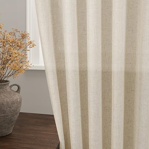 Image of Nanspring Beige Linen Curtains 63 inches Long for Bedroom Back Tab Sheer Beige Curtains Modern Farmhouse Coastal Decor Cotton Textured Gauze Curtain for Bathroom 2 Panel Set 38x63