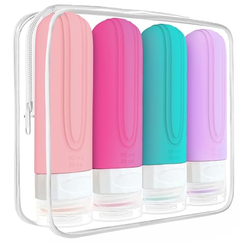 Genérico Botellas de Viaje Silicona Pack de 4 - Botes Rellenables Viaje de 90ml/3oz a Prueba de Fugas Botes para Gel y Champu Botes Viaje Sin BPA. Neceser Viaje Aprobado por TSA