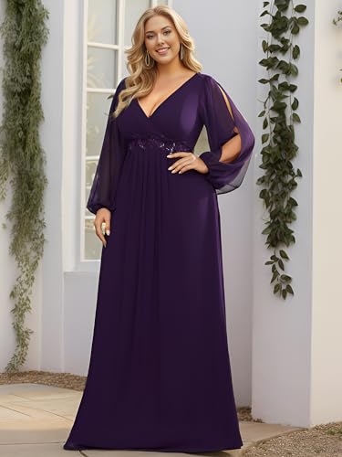 Ever-Pretty V Neck Long Sleeves Applique Chiffon Plus Size Long Formal Evening Dresses Floor Length Ball Gown Dress Women3