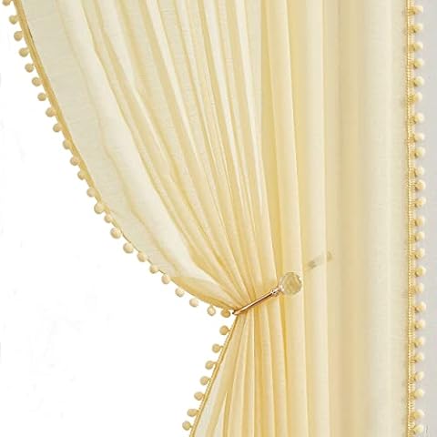Treatmentex Boho Gardinen mit Pompons Gardinen Ösen 140 cm Breite Transparent Gardinen mit Quasten Gardinen Voile Ösenschal Dekoschal für Wohnzimmer Schlafzimmer Cover