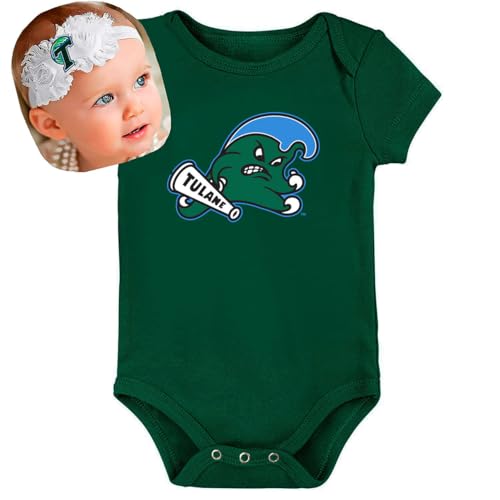 Future Tailgater Tulane Green Wave Baby Onesie and Shabby Bow Headband Set (Newborn)