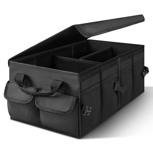 Organizador de maletero, bolsa plegable para maletero con tapa, organizador de maletero para automóvil con divisores extraíbles, equipado con base antideslizante y cierre de velcro, bolsillos