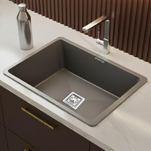 Image of BASINQU Quartz Kitchen Sink 24 x 18 x 9 Inch Granite Kitchen Sink Single Bowl Grey Quartz Sink for Kitchen Basin Sound Dampening Scratch Resistant UV-Protected Noise Reducing sinks
