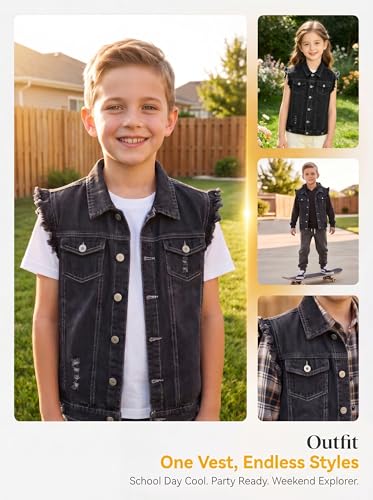Image of Kids Biker Denim Vest Western Motorcycle Jean Jacket for Boys Girls 3-14Y