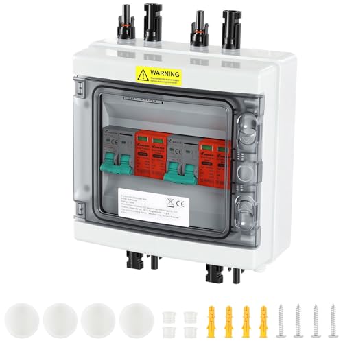 Peviasot PV Combiner Box 2-String mit Überspannungsschutz und DC-Trennschalter 1000V 32A IP65 wetterfest inkl. Solarstecker und Montagezubehör