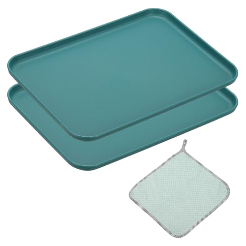 PATIKIL 10x7 Inch Fast Food Serving Trays, 2pcs Reusable Restaurant Serving Trays Cleaning Clothes Included PP Multi-Purpose Rectangle Small Size Tray, Dark Green