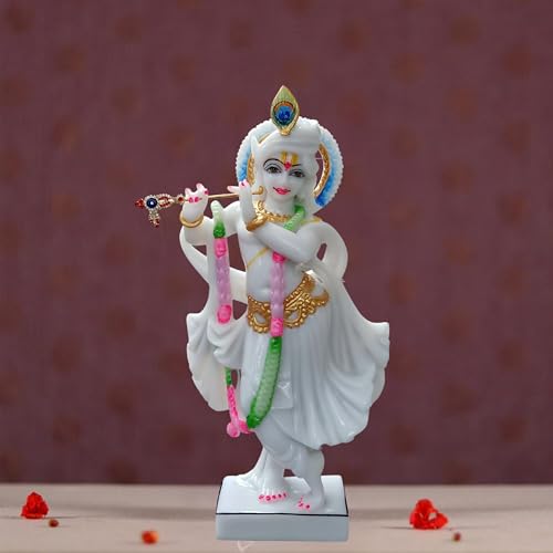 Image of Marble Handicraft God Krishna Idols Statue Murti for Home Decoration and Temple Decoration Items for Home Decor Living Room Mandir Temple Pooja Room Table Top Office Decorative Gifts(White)