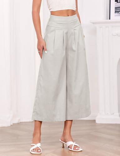 IDEALSANXUN Womens Cotton Linen Palazzo Pants Casual Wide Leg Culottes Trousers Capri Pant3