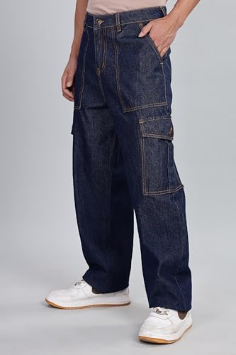 Image of INKD Men's Cargo Baggy Jeans - Mid-Rise | 100% Cotton | Contrast Stitch| 6 Pocket Styling | Baggy Jeans for Man | Loose fit & Comfortable (Available in Plus Sizes)