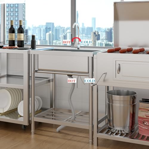 Hipicute 24 Inch Free Standing Sink, Single Bowl Stainless Steel Utility Sink with Cold/Hot Water Pipe, Storage Rack, Faucet and Adjustable Legs, for Laundry Room, Kitchen, Garage, Outdoor Use, NSF
