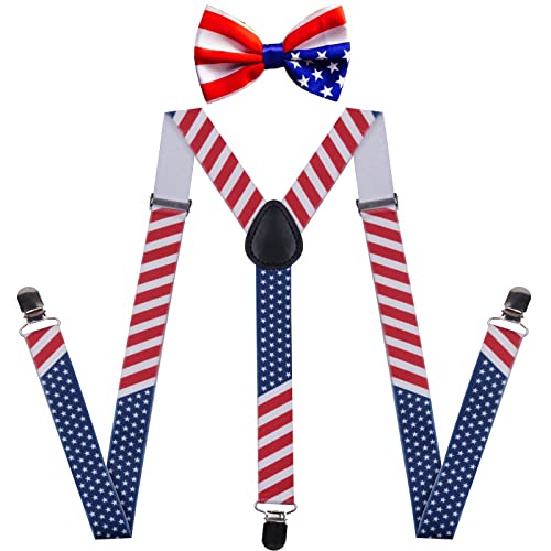 Guchol Suspenders Bow Ties For Mens And Women 1" Wide Adjustable Elastic Y Back Style For Wedding Party (American Flag) #TOP14